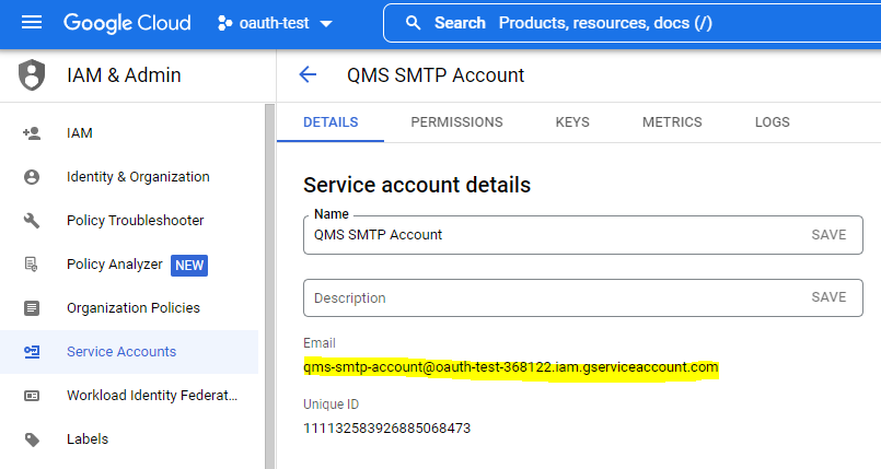 Google Service Account Details