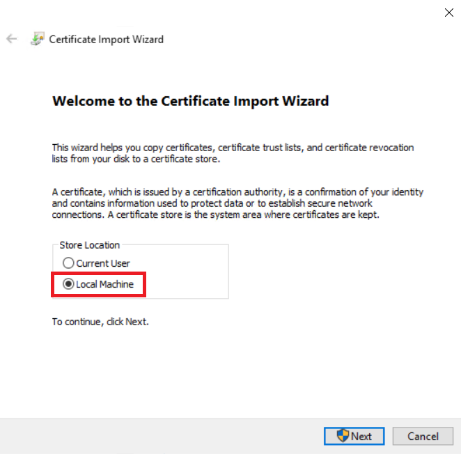 150 Cert import wizzard