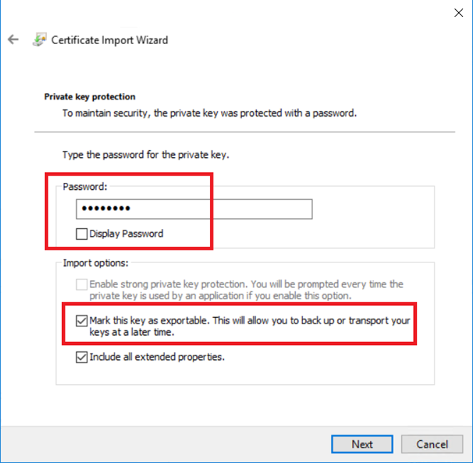 170 Cert import wizzard Password