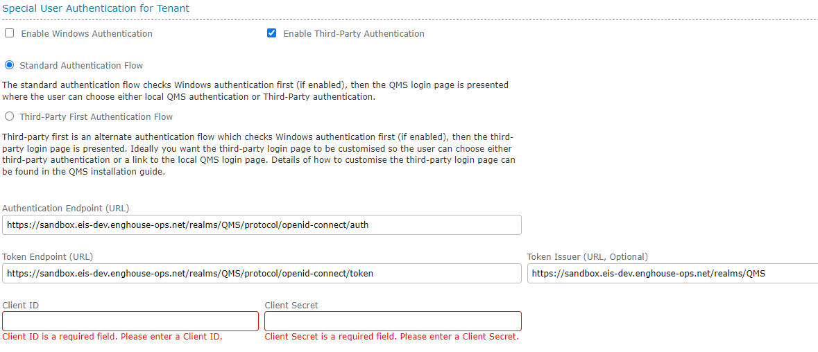 Third party Auth settings tenant